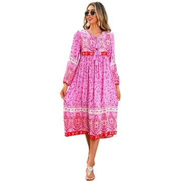 R.Vivimos Women's Long Sleeve Floral Print Retro V Neck Tassel Bohemian Midi Dress