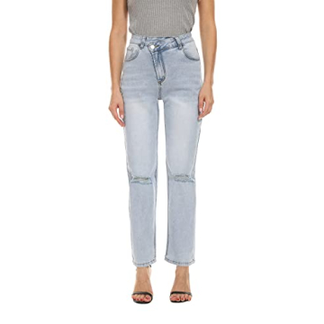 Women Straight Ripped Jeans Waist Crossover Classic Relaxed Fit Mid Rise Distressed Comfortable Deni...