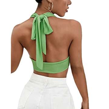 LYANER Women's Deep V Neck Halter Crop Top Tie Back Sleeveless Backless Cami Green Medium