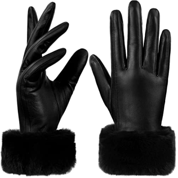 GSG Women Leather Gloves - Rabbit Fur Cuff Touchscreen Winter Essential