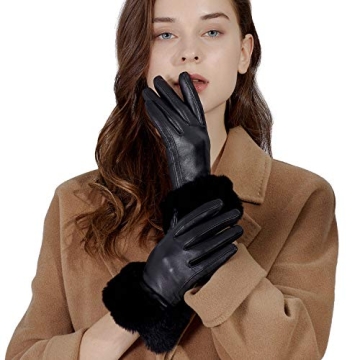 GSG Women Leather Gloves with Rabbit Fur Cuff