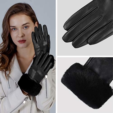 GSG Women Leather Gloves with Rabbit Fur Cuff