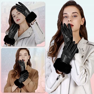GSG Women Leather Gloves with Rabbit Fur Cuff