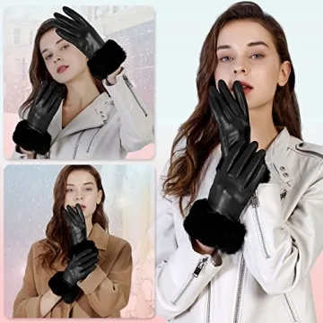 GSG Women Leather Gloves with Rabbit Fur Cuff