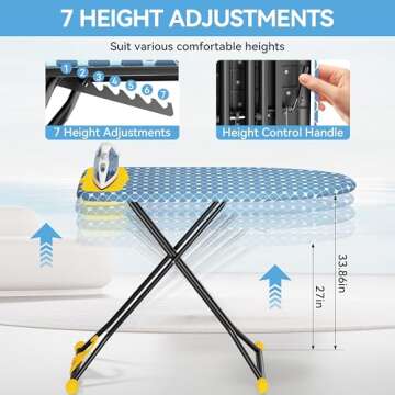 KINGBOARD Ironing Board, Compact Iron Board with Silicon Iron Mat, Heat Resistant Cover, 7 Height Adjustable, Foldable Ironing Board Wall Mount Hanger, 13x43 Yellow