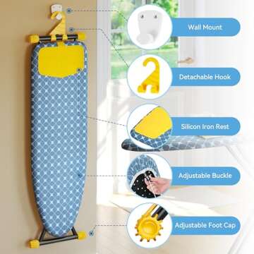 KINGBOARD Ironing Board, Compact Iron Board with Silicon Iron Mat, Heat Resistant Cover, 7 Height Adjustable, Foldable Ironing Board Wall Mount Hanger, 13x43 Yellow