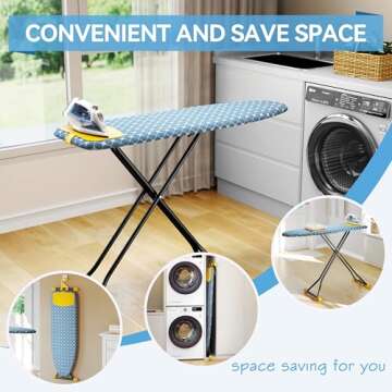 KINGBOARD Ironing Board, Compact Iron Board with Silicon Iron Mat, Heat Resistant Cover, 7 Height Adjustable, Foldable Ironing Board Wall Mount Hanger, 13x43 Yellow