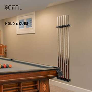 Go Pal CR1 Black Pool Cue Holder, Wall Mount Pool Stick Rack, Pool Cue Set Rack for 6 Cues Stick Sto...