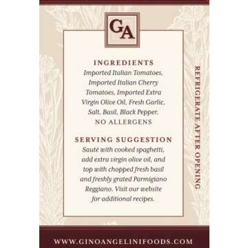 Gino Angelini Pasta Sauce - POMODORINI, Italian Cherry Tomatoes & Basil, 24 Ounce, Pack of 2