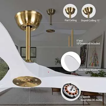 Bigzone 52" Outdoor/Indoor Ceiling Fan With Remote Control, DC Motor Quiet Energy Saving,3 White Balsa Wood Blades,Wooden Ceiling Fan no light With Reversible Blades