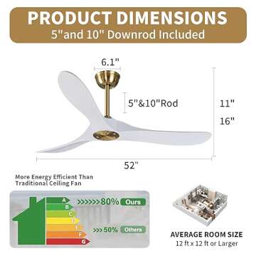 Bigzone 52" Outdoor/Indoor Ceiling Fan With Remote Control, DC Motor Quiet Energy Saving,3 White Balsa Wood Blades,Wooden Ceiling Fan no light With Reversible Blades