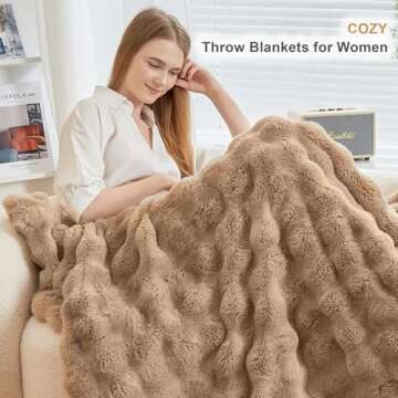DOISING Soft Cozy Plush Faux Rabbit Fur Tan Throw Blanket, Decorative Boho Fluffy Blanket for Couch ...