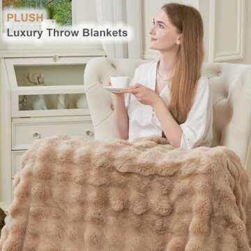 DOISING Soft Cozy Plush Faux Rabbit Fur Tan Throw Blanket, Decorative Boho Fluffy Blanket for Couch Bed Sofa Chair and Living Room, Luxury Fuzzy Fleece Winter Throw Blankets for Women, 50x60''