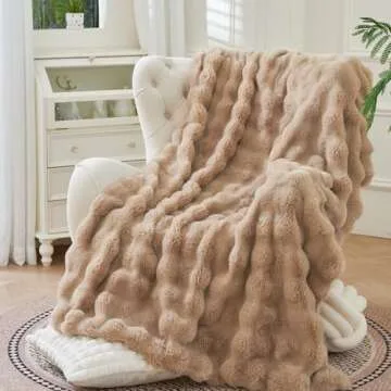 DOISING Soft Cozy Plush Faux Rabbit Fur Tan Throw Blanket, Decorative Boho Fluffy Blanket for Couch Bed Sofa Chair and Living Room, Luxury Fuzzy Fleece Winter Throw Blankets for Women, 50x60''