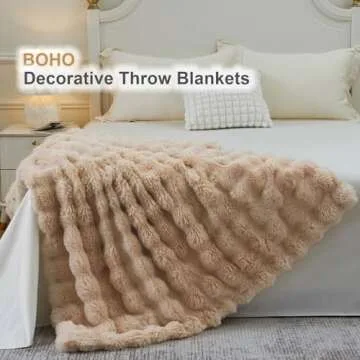 DOISING Soft Cozy Plush Faux Rabbit Fur Tan Throw Blanket, Decorative Boho Fluffy Blanket for Couch Bed Sofa Chair and Living Room, Luxury Fuzzy Fleece Winter Throw Blankets for Women, 50x60''