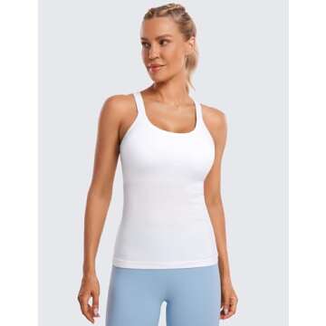 CRZ YOGA Women's Seamless Ribbed Racerback Tank Top with Built-in Bra - Athletic Camisole in White
