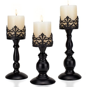 Vintage Pillar Candle Holders for Table Centerpiece Set of 3-11'' 9'' 8'' - Matte Black Metal Candle...