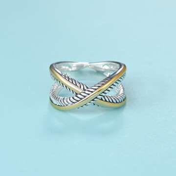 UNY Ring Vintage Designer Fashion Brand Women Valentine Gift Two Tone Plating Twisted Cable Wire Rings (6)