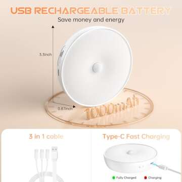 Warm Color LED Closet Lights Wireless Motion Sensor Puck Light, USB Rechargeable Battery Operated Pu...