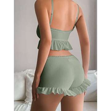 SweatyRocks Women's 2 Piece Lingerie Set Ruffle Trim Tie Front Cami Top and Shorts Sleepwear Mint Green S