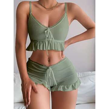 SweatyRocks Women's 2 Piece Lingerie Set Ruffle Trim Tie Front Cami Top and Shorts Sleepwear Mint Green S