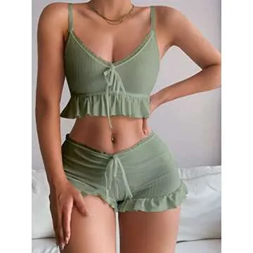SweatyRocks Women's 2 Piece Lingerie Set Ruffle Trim Tie Front Cami Top and Shorts Sleepwear Mint Green S