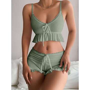 SweatyRocks Women's 2 Piece Lingerie Set Ruffle Trim Tie Front Cami Top and Shorts Sleepwear Mint Green S
