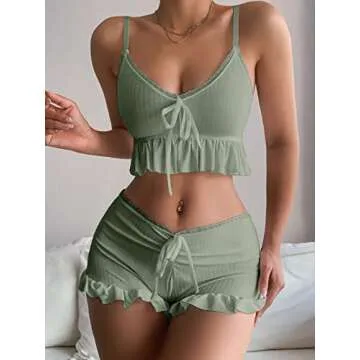 SweatyRocks Women's 2 Piece Lingerie Set Ruffle Trim Tie Front Cami Top and Shorts Sleepwear Mint Green S