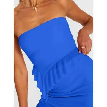 CSDAJIO Sheer Mesh Asymmetrical Hem Strapless Tube Top and Ruffle Mini Skirt Set Summer 2 Pieces Outfits for Women Blue X-Small