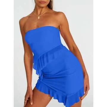 CSDAJIO Sheer Mesh Asymmetrical Hem Strapless Tube Top and Ruffle Mini Skirt Set Summer 2 Pieces Outfits for Women Blue X-Small