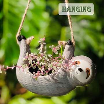 AIPOGOOIN Sloth Hanging Planters for Indoor Outdoor Plants Cute Succulent Cactus Pots Ceramic Flower Pot Holder Gardening Gifts for Women Plant Lovers Gardeners Mom