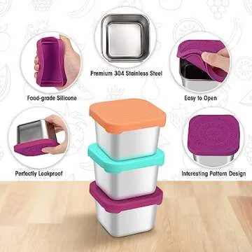 3Pack 6oz Stainless Steel Snack Containers, Small Metal Food Storage Container with Silicone Lids, Leakproof Bento Snack Container for Office, Travel