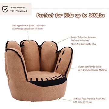 Costzon Kids Couch with Solid Wood Frame & Baseball Glove Design, Children Armchair for Play Room, Nursery, Kindergarten, Kids Room, Gift for Boys & Girls (Brown)