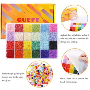 Quefe 26400pcs 2mm Glass Seed Beads 24 Colors Small Kit Bracelet Beads with 24-Grid Plastic Storage Box for Jewelry Making