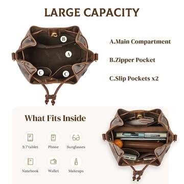 S-ZONE Genuine Leather Bucket Bags for Women Drawstring Crossbody Purses Shoulder Top Handle Handbags with 2 Straps