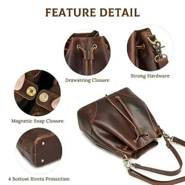 S-ZONE Genuine Leather Bucket Bags for Women Drawstring Crossbody Purses Shoulder Top Handle Handbags with 2 Straps