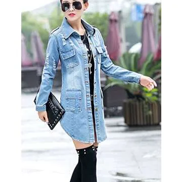 Tanming Women's Casual Lapel Slim Long Sleeve Denim Outercoat Jacket Windbreaker (Medium, Blue)