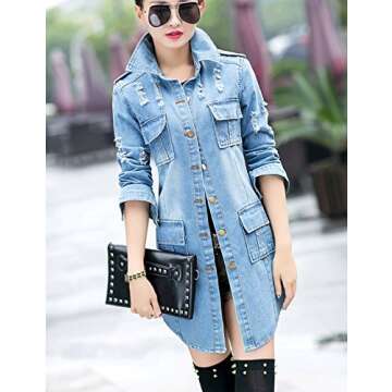 Tanming Women's Casual Lapel Slim Long Sleeve Denim Outercoat Jacket Windbreaker (Medium, Blue)