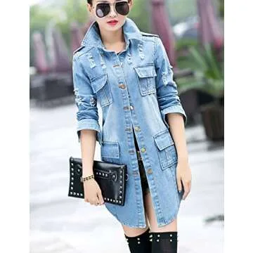 Tanming Women's Casual Lapel Slim Long Sleeve Denim Outercoat Jacket Windbreaker (Medium, Blue)