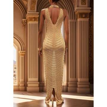 PORRCEY Women's Sexy Elegant Rhinestone Mesh See Through Bodycon Party Club Night Prom Dress