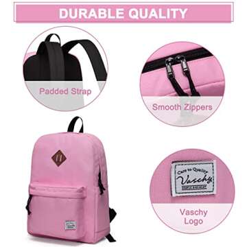 VASCHY School Backpack, Lightweight Water Repellent Backpack Men School Bag Women Children Boy Leisure for Girl School High School Teenagers College Business Travel, Pink, M, Backpacks Handbags