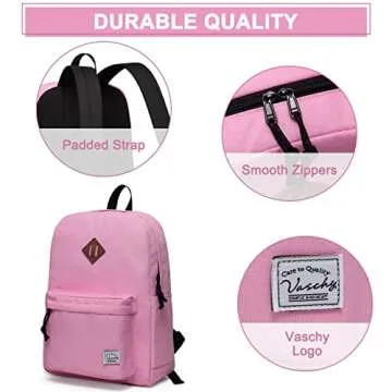 VASCHY School Backpack, Lightweight Water Repellent Backpack Men School Bag Women Children Boy Leisure for Girl School High School Teenagers College Business Travel, Pink, M, Backpacks Handbags