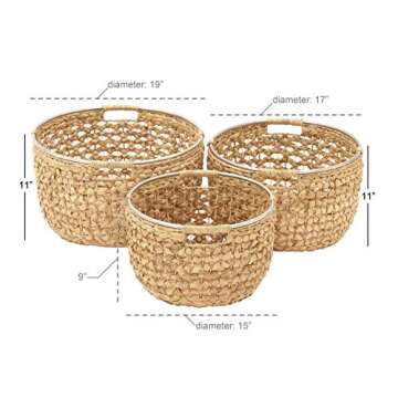 Deco 79 Seagrass Handmade Storage Basket with Metal Handles, Set of 3 15", 17", 19"W, Light Brown