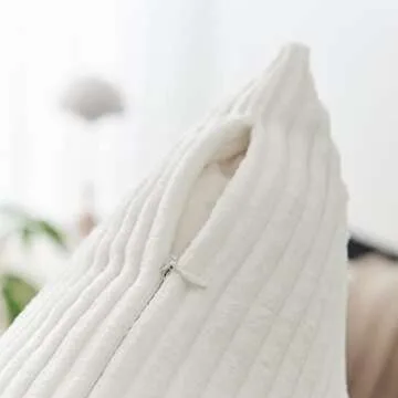 Home Brilliant Set of 2 Decorative Pillow Cover Solid Striped Corduroy Plush Velvet Cushion Cover for Couch, 50cm, 20 x 20 Inch, Creamy White