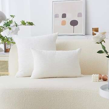 Home Brilliant Set of 2 Decorative Pillow Cover Solid Striped Corduroy Plush Velvet Cushion Cover for Couch, 50cm, 20 x 20 Inch, Creamy White