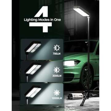 10000lm Dimmable Rechargeable Work Light, 15000mAh Telescopic Tripod Work Light with Stand, 2 Separate Lights,2 Charge Ways Type C & Solar Powered,Detachable Camping Light 72'' with Portable Bag