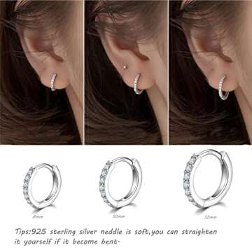 925 Sterling Silver Small Hoop Earrings, Cubic Zirconia Cartilage Huggie Earrings, 3 Pairs 14K White Gold Plated Small Silver Hoops for Women Men 8mm 10mm 12mm