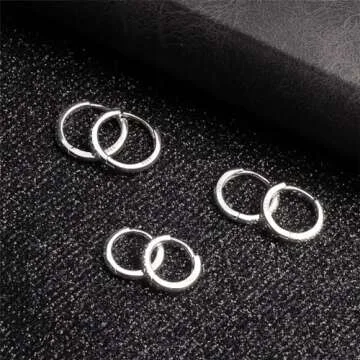 925 Sterling Silver Small Hoop Earrings, Cubic Zirconia Cartilage Huggie Earrings, 3 Pairs 14K White Gold Plated Small Silver Hoops for Women Men 8mm 10mm 12mm
