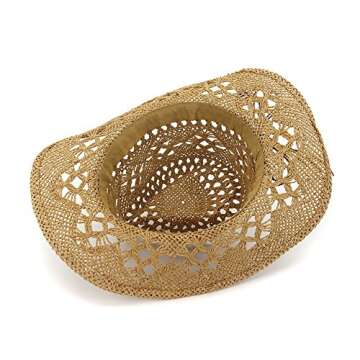 Womens Fashion Beach Straw Sun Hat UV Protection Wide Brim Western Cowboys Hand Straw Hats Khaki
