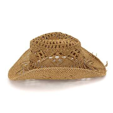 Womens Fashion Beach Straw Sun Hat UV Protection Wide Brim Western Cowboys Hand Straw Hats Khaki